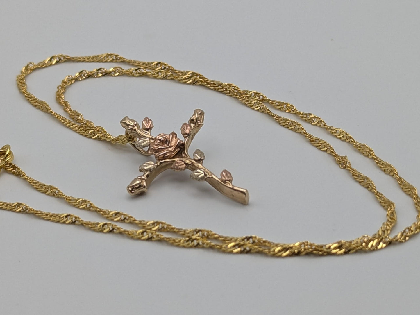 10k Black Hills Gold Rose Cross Silver 925 Christian Pendant w 18k GF Chain