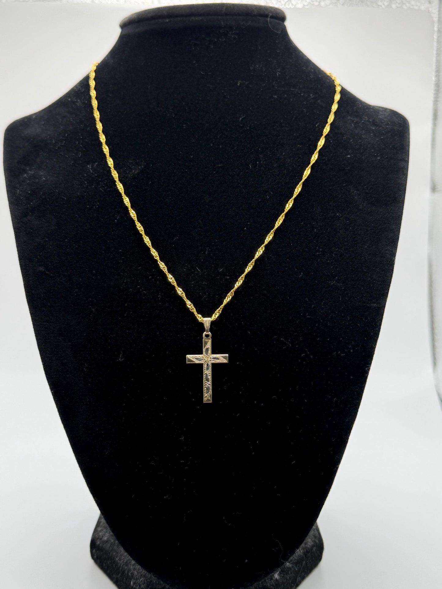 10k Two Tone Gold Etched Design Cross Pendant comes with a Complimentary 18k GF
