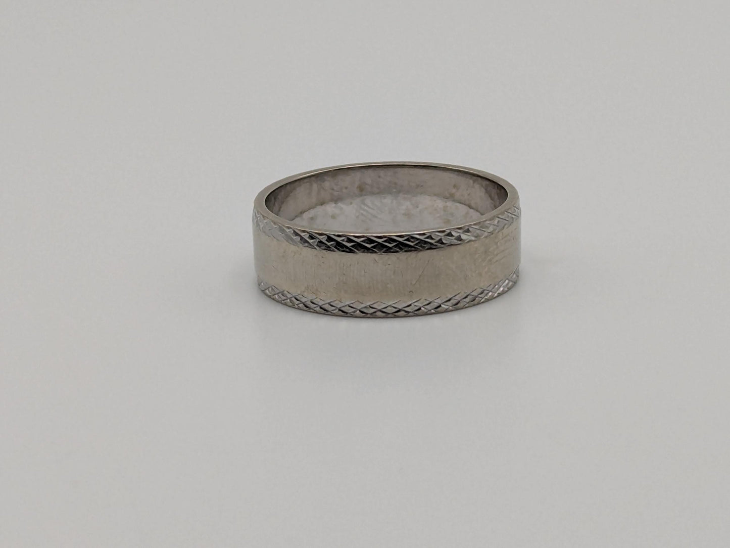 14k White Gold with Etched Edge Wedding Band Cigar Wide Anniversary Ring