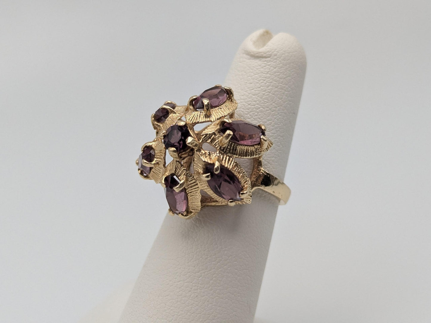 14k Yellow Gold Purple Gemstone Flower Ring Cocktail Statement Band