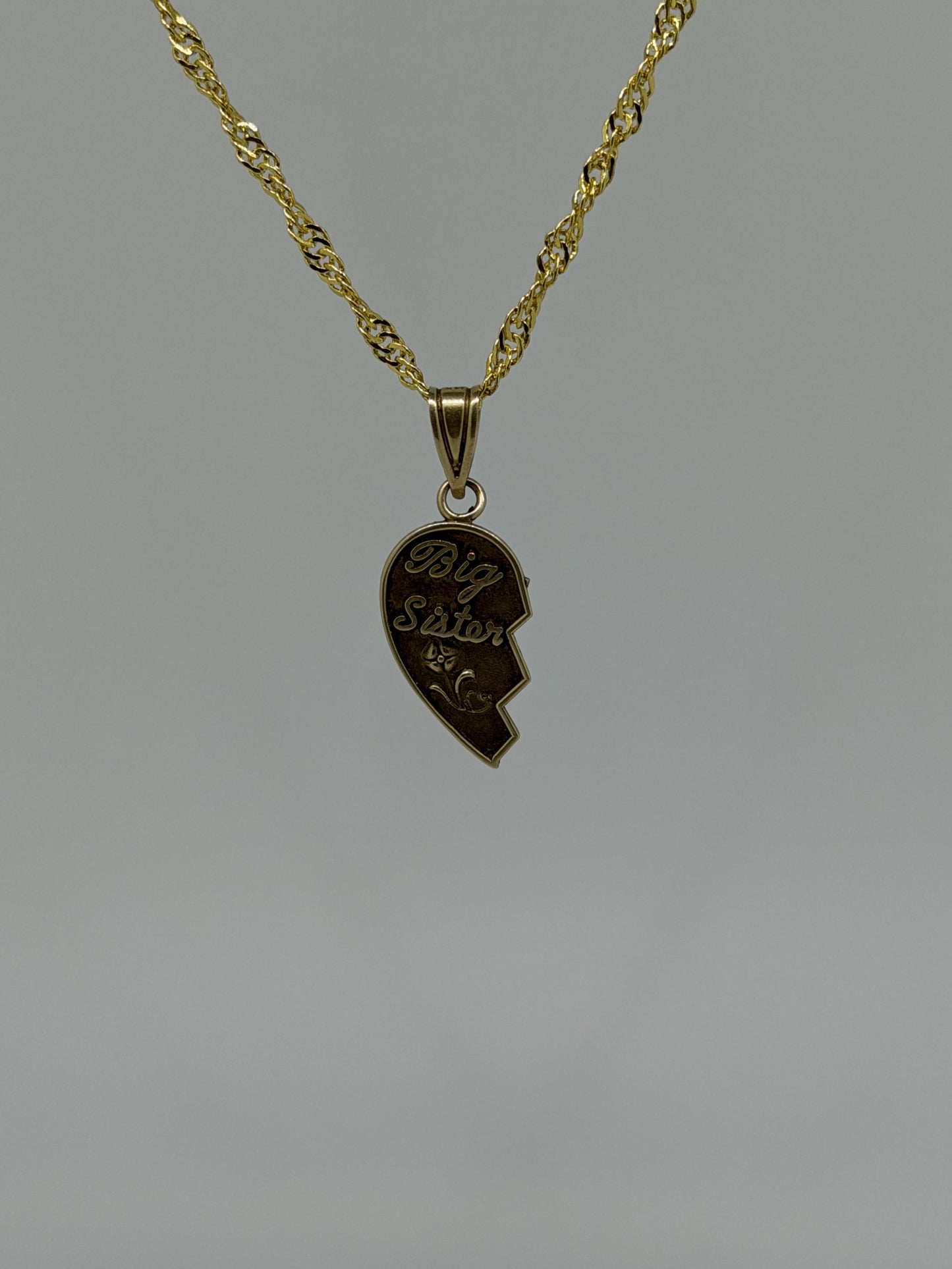 14k Yellow Gold Half Heart Big Sister Pendant Necklace + Comp 18k GF Chain
