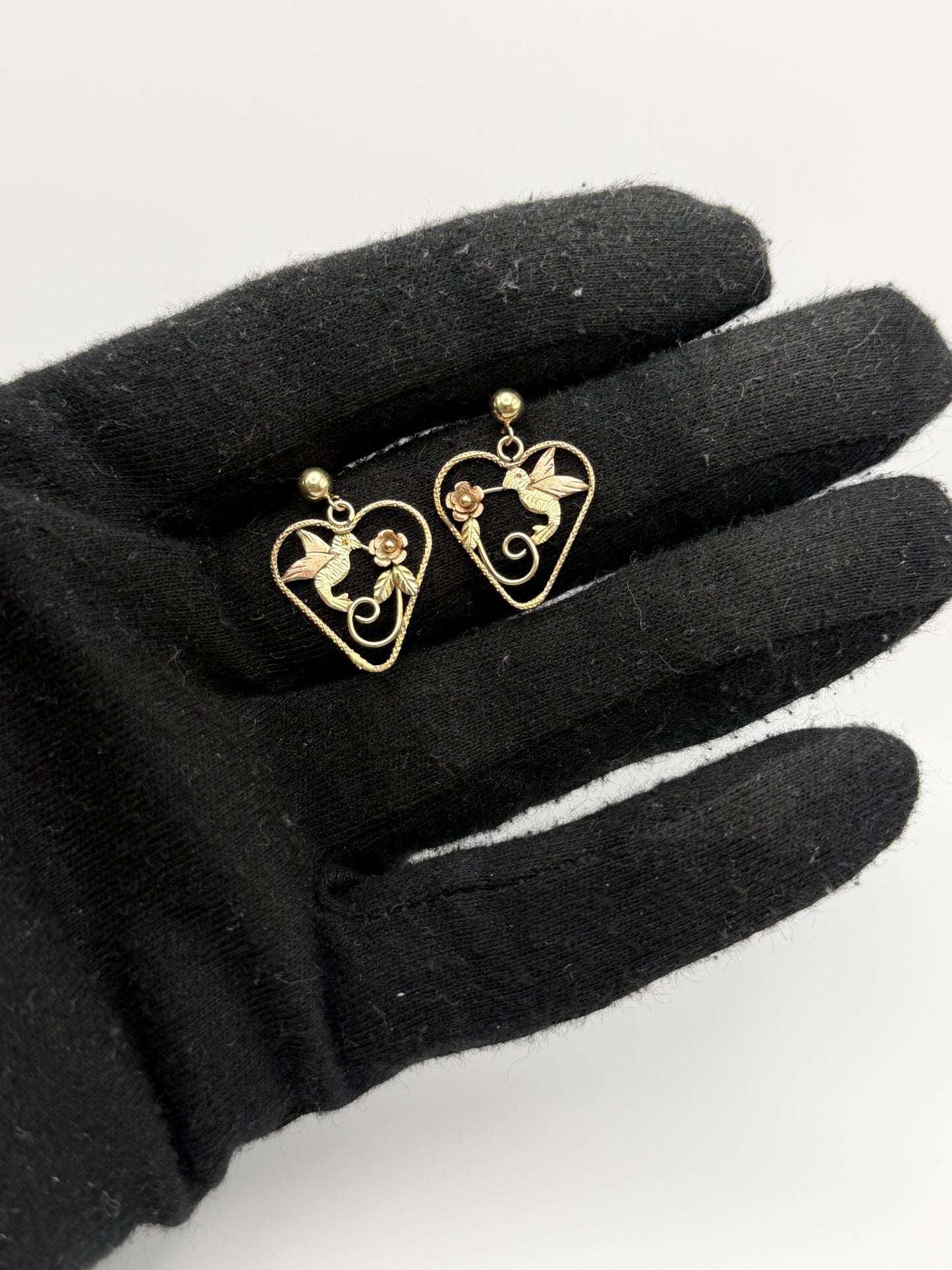 10K Black Hills Tri-Color Heart Earrings Floral Leaf Design Romantic Dangle