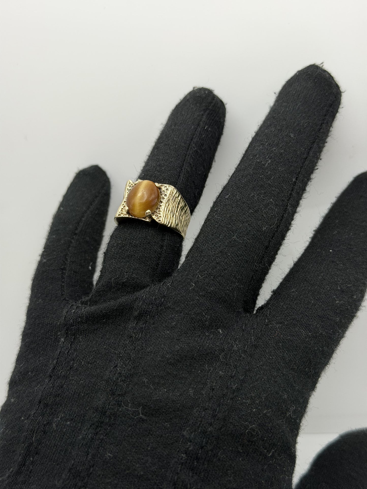 Heavy 14k Solid Gold Tiger Eye Cabochon Statement Ring 10.2gr Mens Wedding