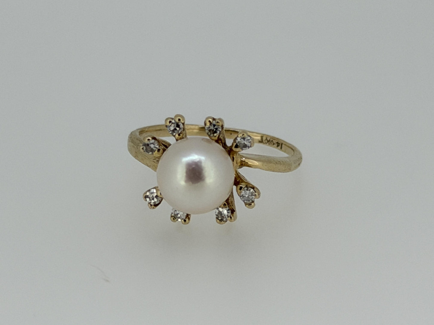 14k Pearl and Diamond Yellow Gold Cluster Ring. Flower Cocktail Ring. Statement