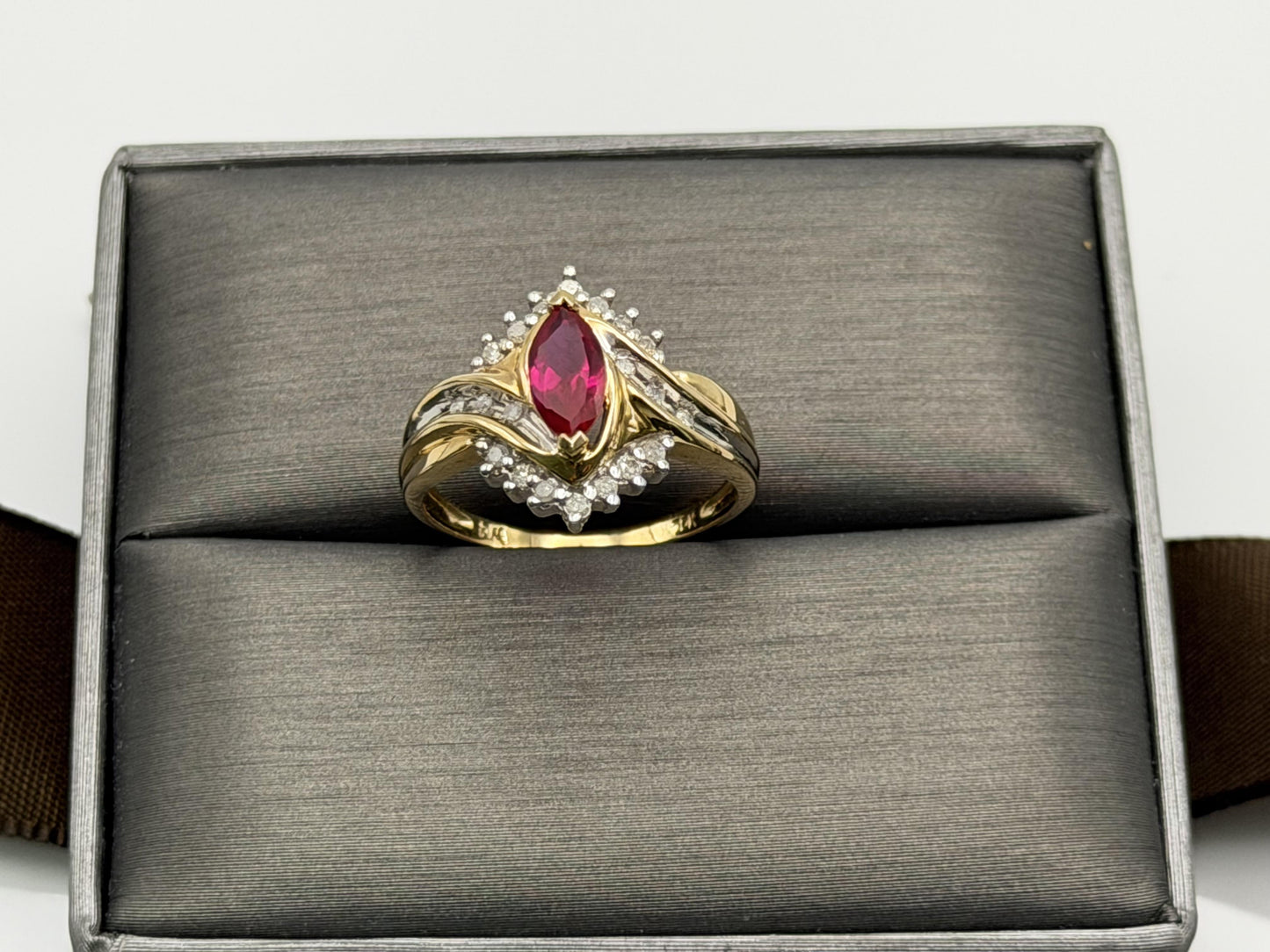 10k Vintage Ruby and Diamond Cocktail Ring Marquise Ruby Ring.