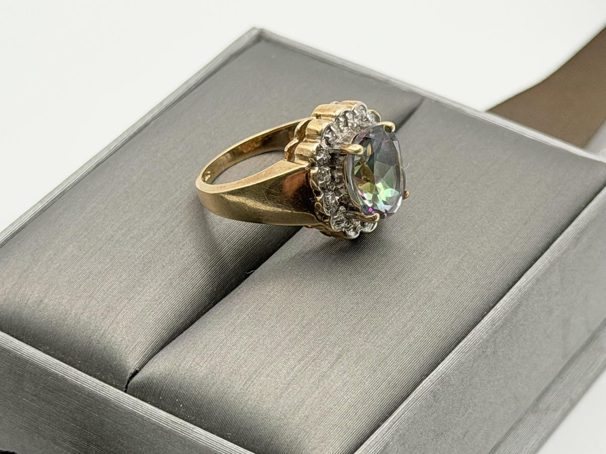 10K Yellow Gold Mystic Topaz and Diamond Halo Ring.Colorful Statement Ring