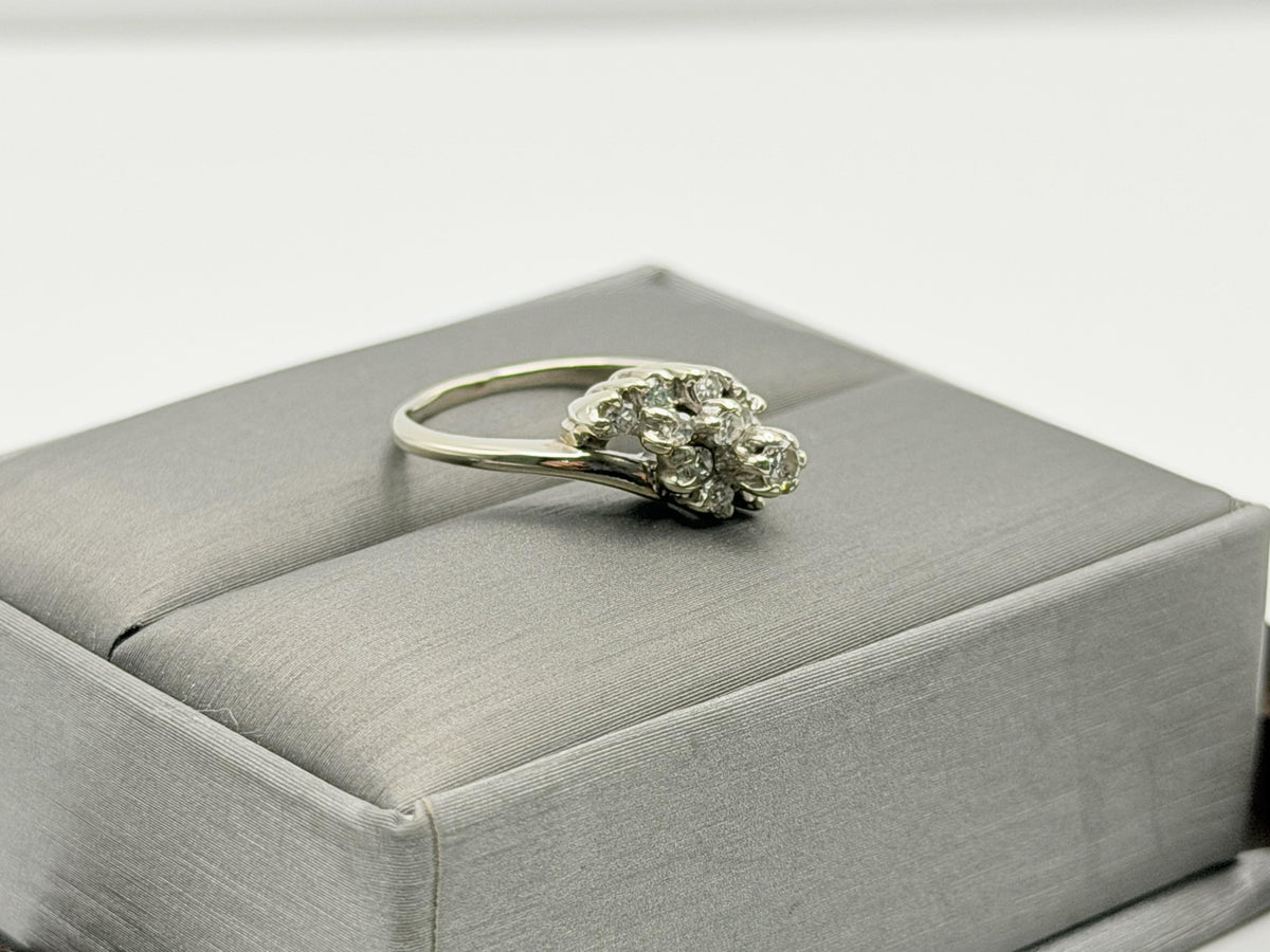 14K White Gold Diamond Cluster Ring.Bypass Design.Engagement Ring.