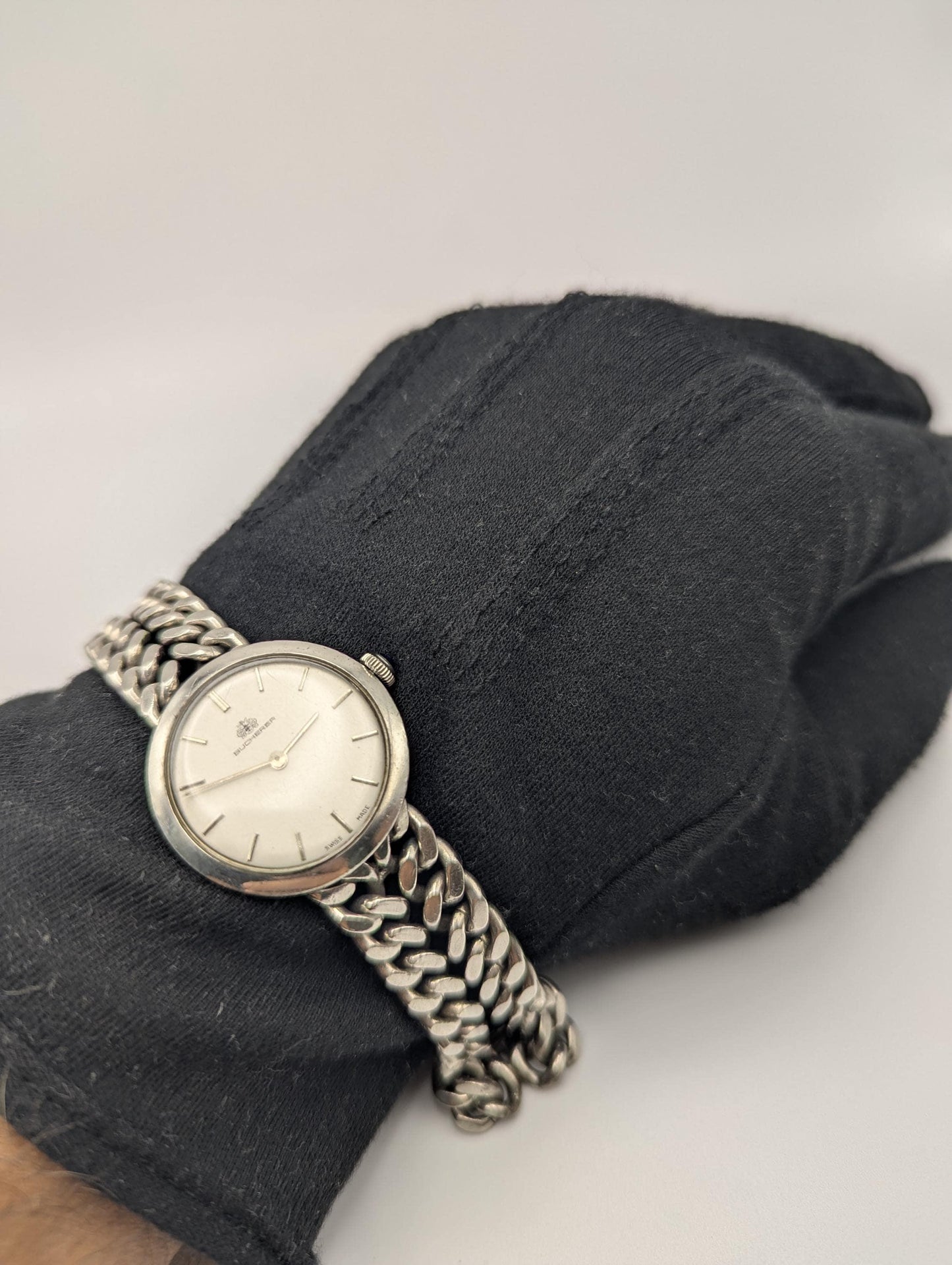 Rare Vintage Bucherer Sterling Silver Manual Wind Men Watch Double Chain Band