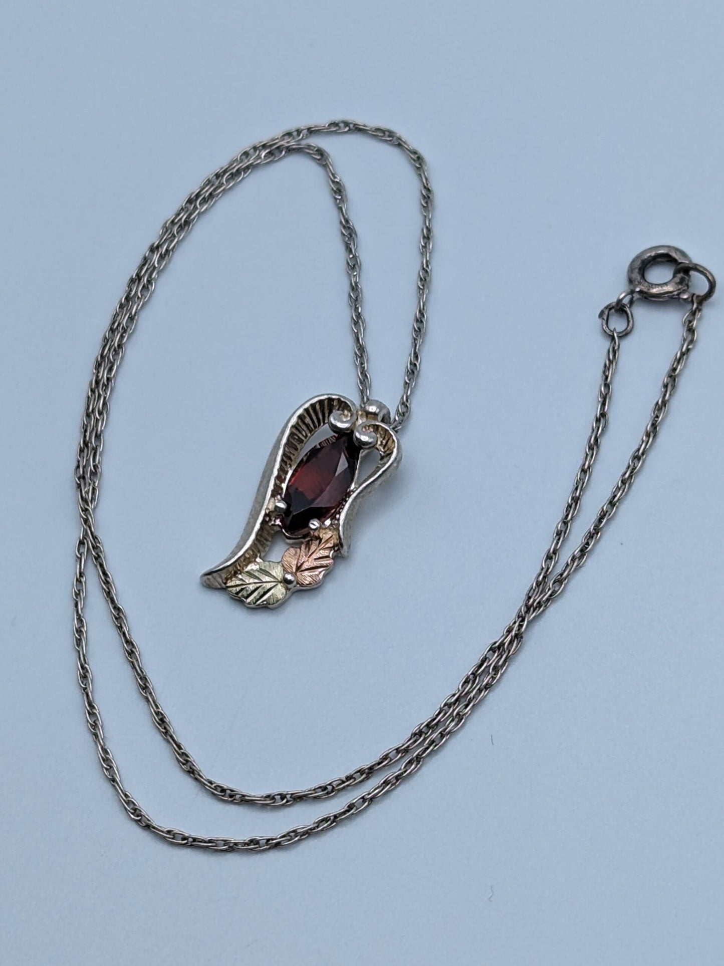 10k 12k Black Hills Gold Sterling Silver Garnet w Gold Heart VinePendant Garnet Necklace Silver Chain Pendant 14" Chain