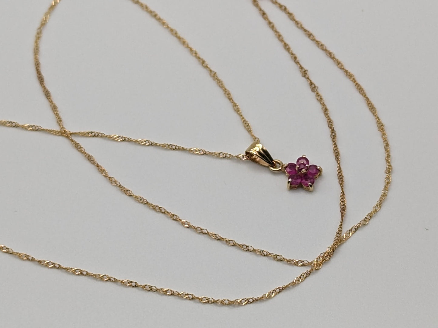 10k Solid Gold Flower Necklace Pendant. 10k Gold Chain with Ruby Flower.