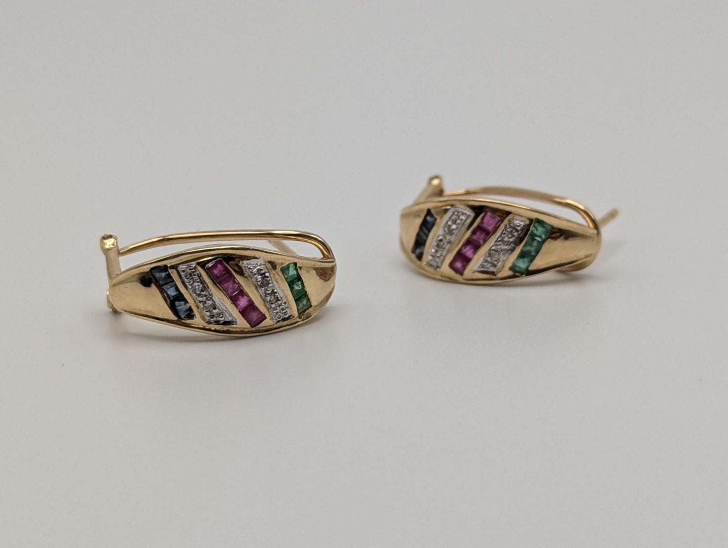 14k Yellow Gold Huggie Multi Gem Earrings Emerald Ruby Sapphire Huggie Hoops