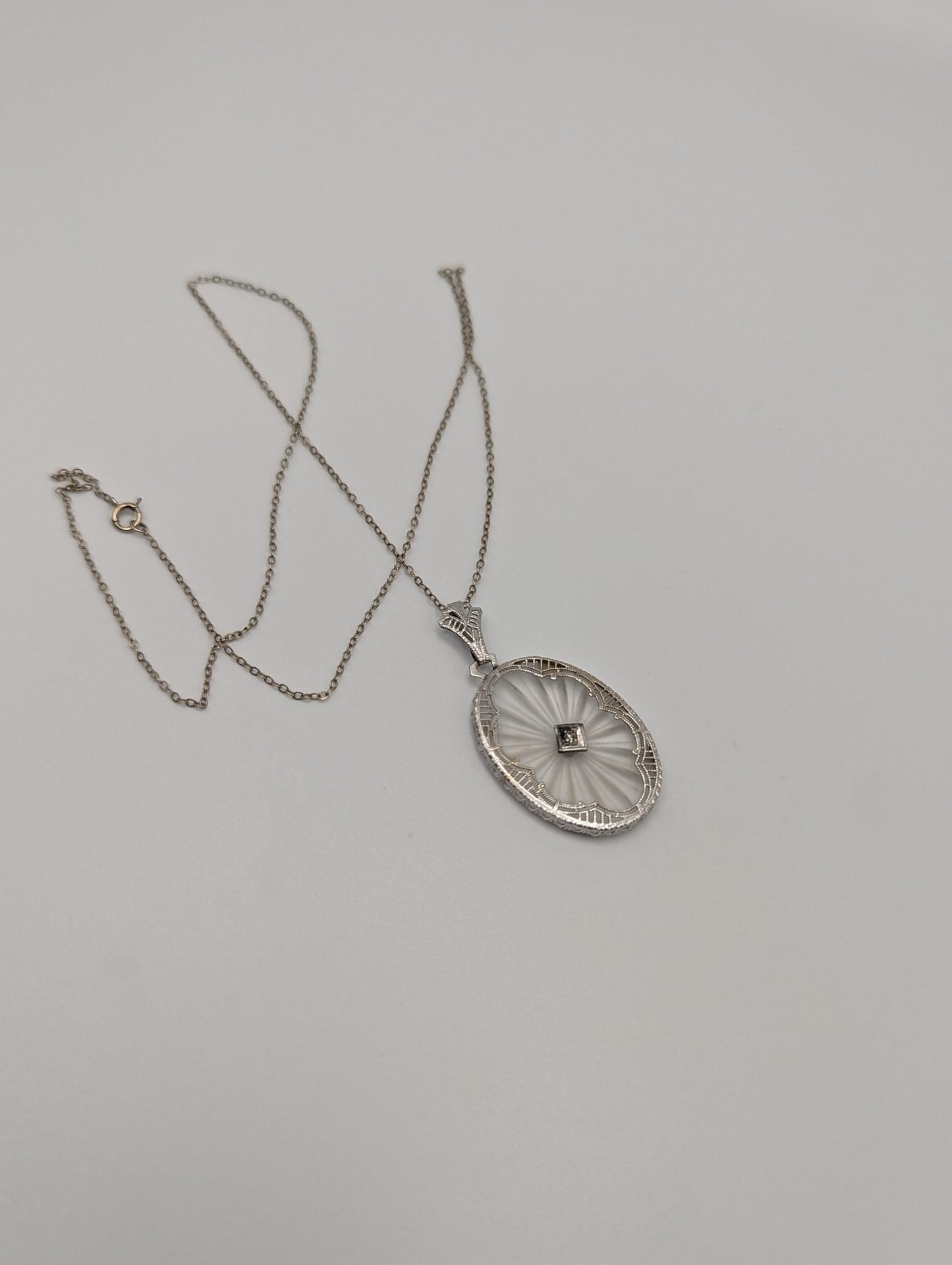 14k Gold Filigree Oval Camphor Crystal Quartz Pendant Diamond Pendant Necklace