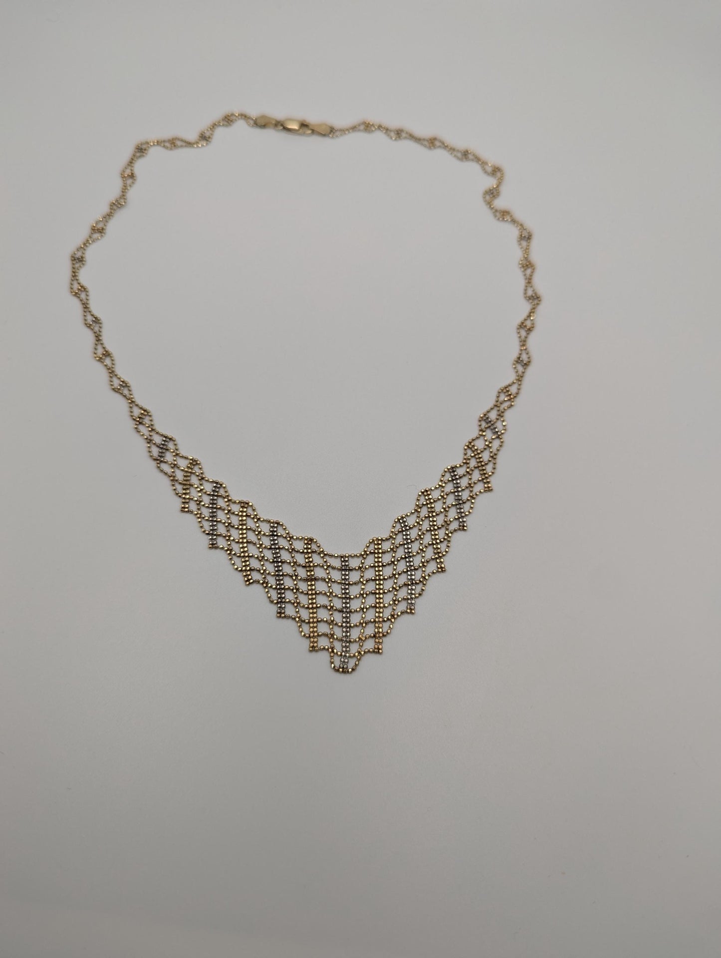 10k Gold White Yellow Mesh Bead Necklace 17.5 " Accent Bib Chain