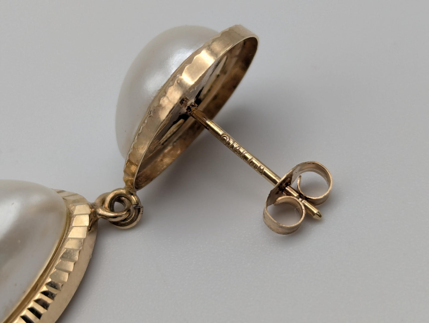 14k Yellow Gold Pear Mabe Pearl Dangle Earrings Pearl Tear Drop Earrings.