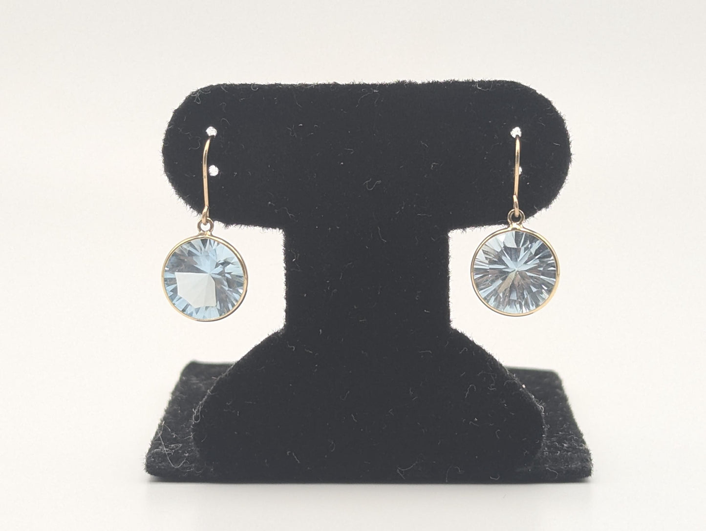 10K APPRAISED! Gold London Blue Topaz Drop Dangle Earrings Round Bezel Set Topaz Earrings