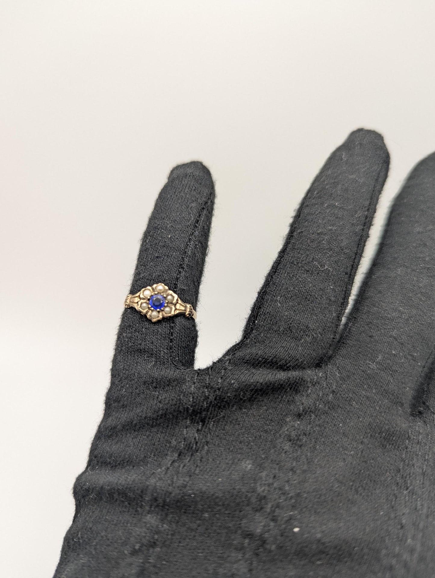 10k Victorian Gold Sapphire Seed Pearl Ring Wedding Cocktail Promise Band