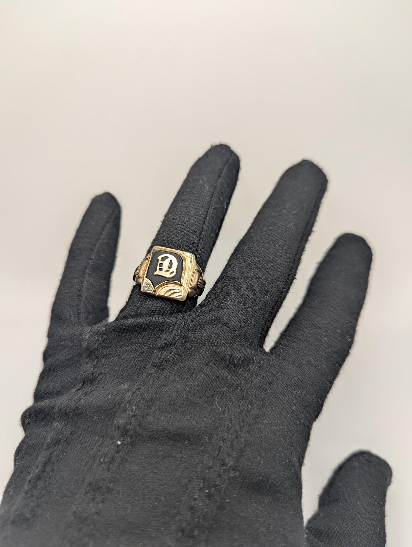 Victorian Gold Initial D 7.0gr Diamond 10k Black Onyx Mens Signet Ring FREE RESIZE