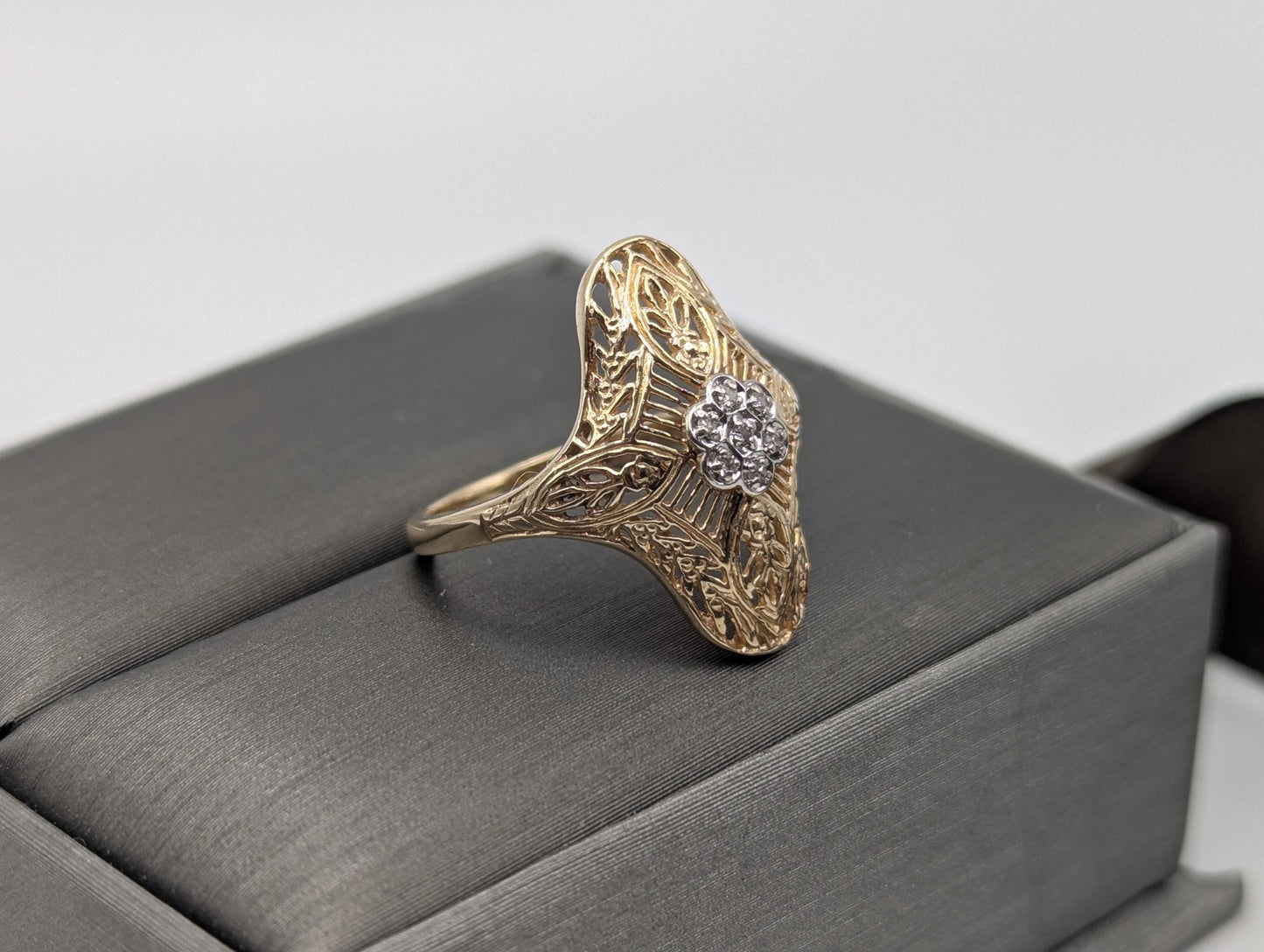 14k Yellow Gold Diamond Filigree Shield Ring Wedding Handmade Diamond Art Deco band