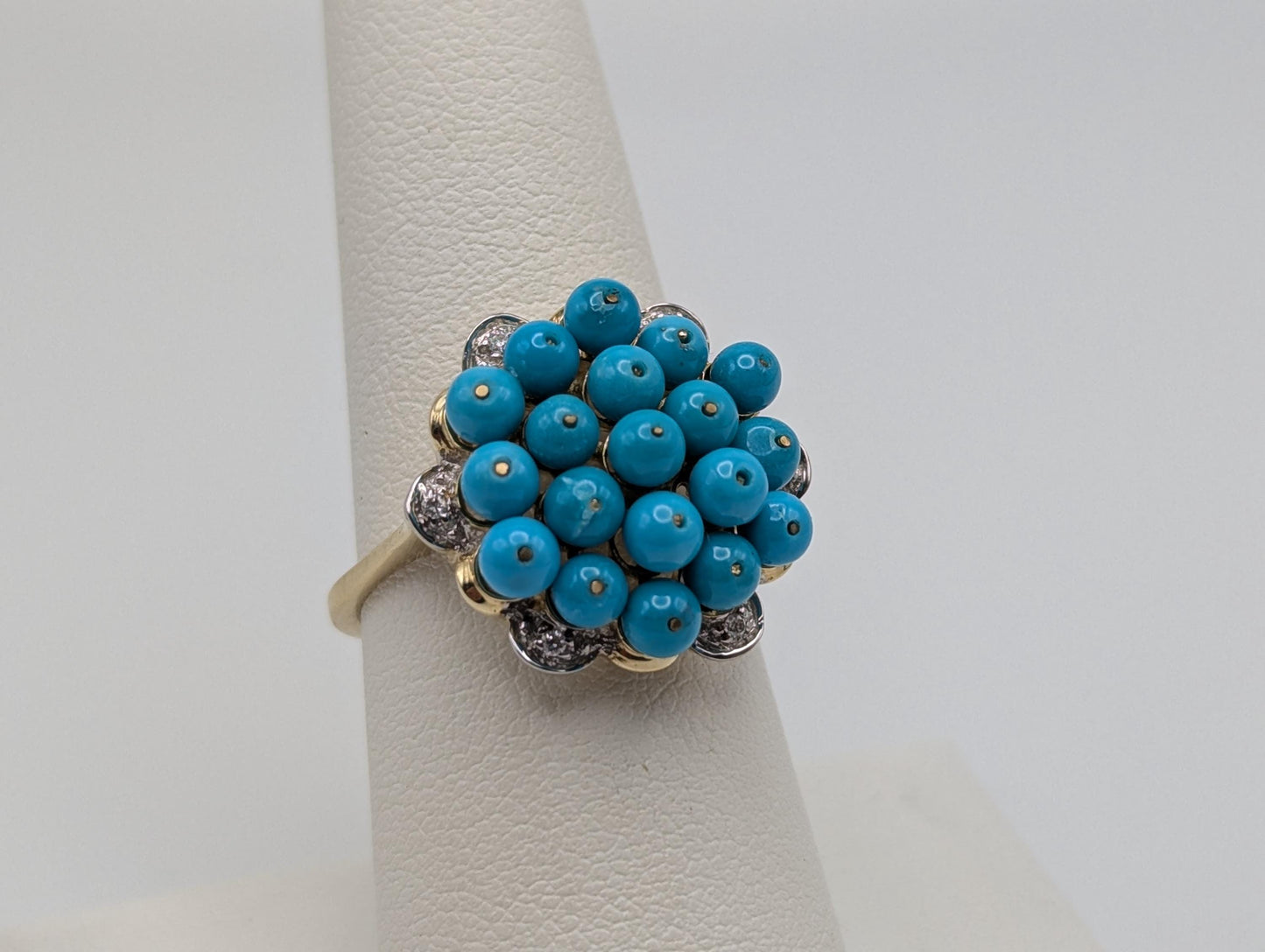 10k Gold Turquoise Diamond Cluster Flower Cocktail Statement Ring Wedding