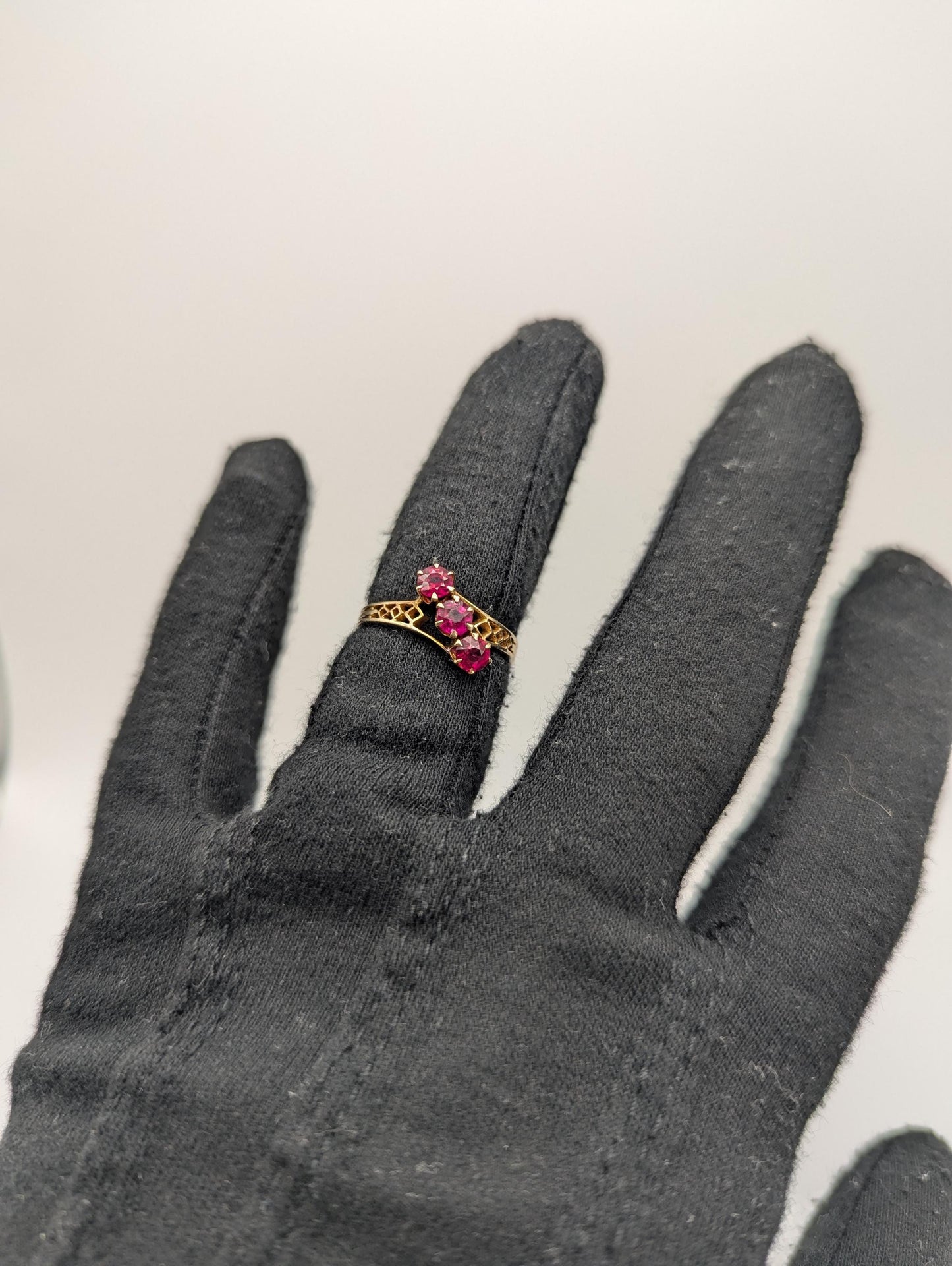 14k Yellow Gold Ruby Triple Stone Filigree Ring Promise Engagement Wedding Band