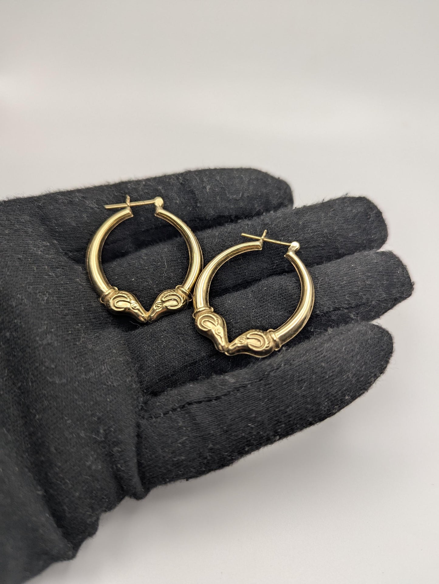 Large 14k Yellow Gold Rams Head Hoop Earrings Hinged Hoops