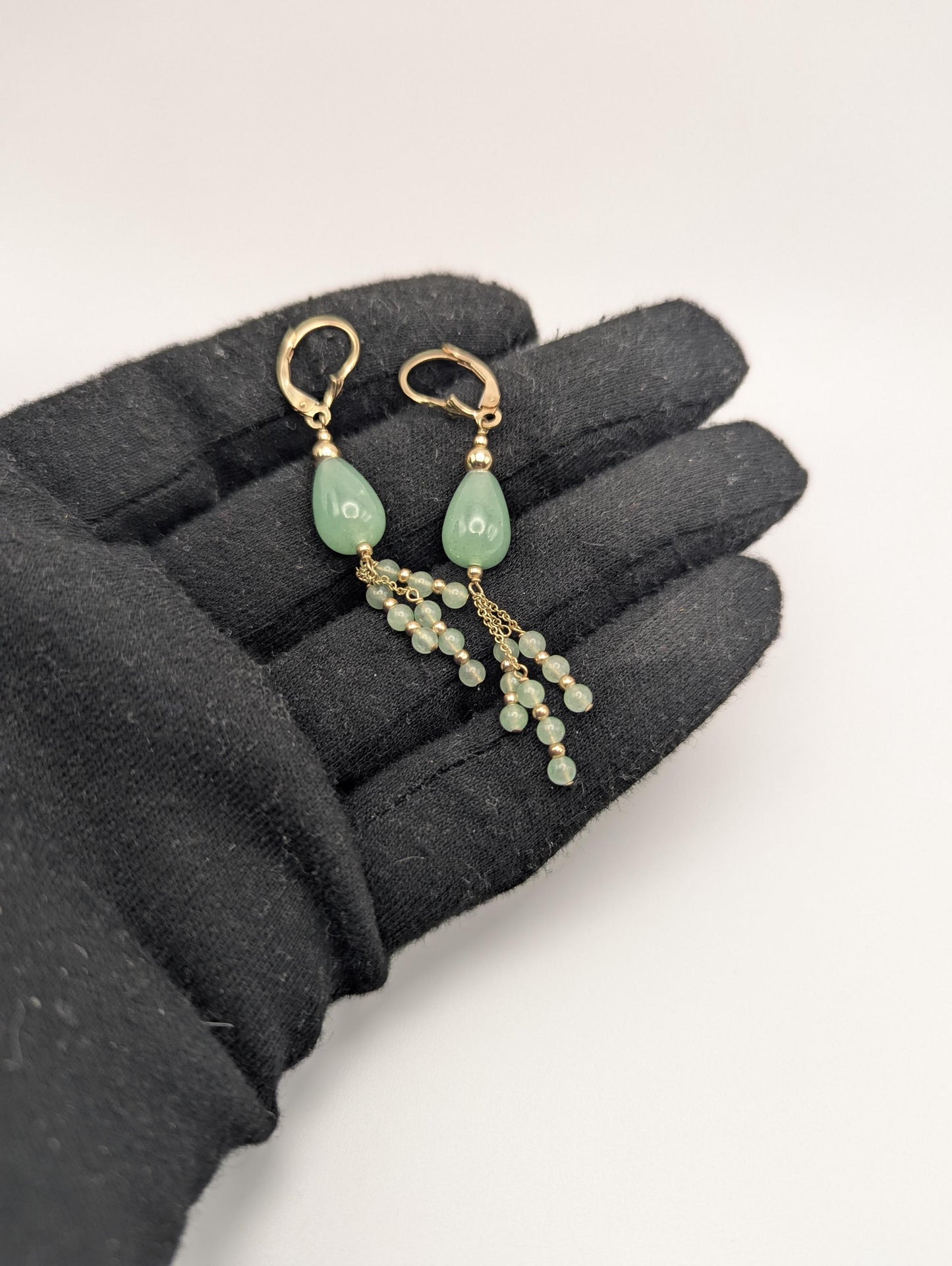 14K Yellow Gold Jade Bead Drop Dangle Earrings Light Green Jade Bead Tear Drop Earrings