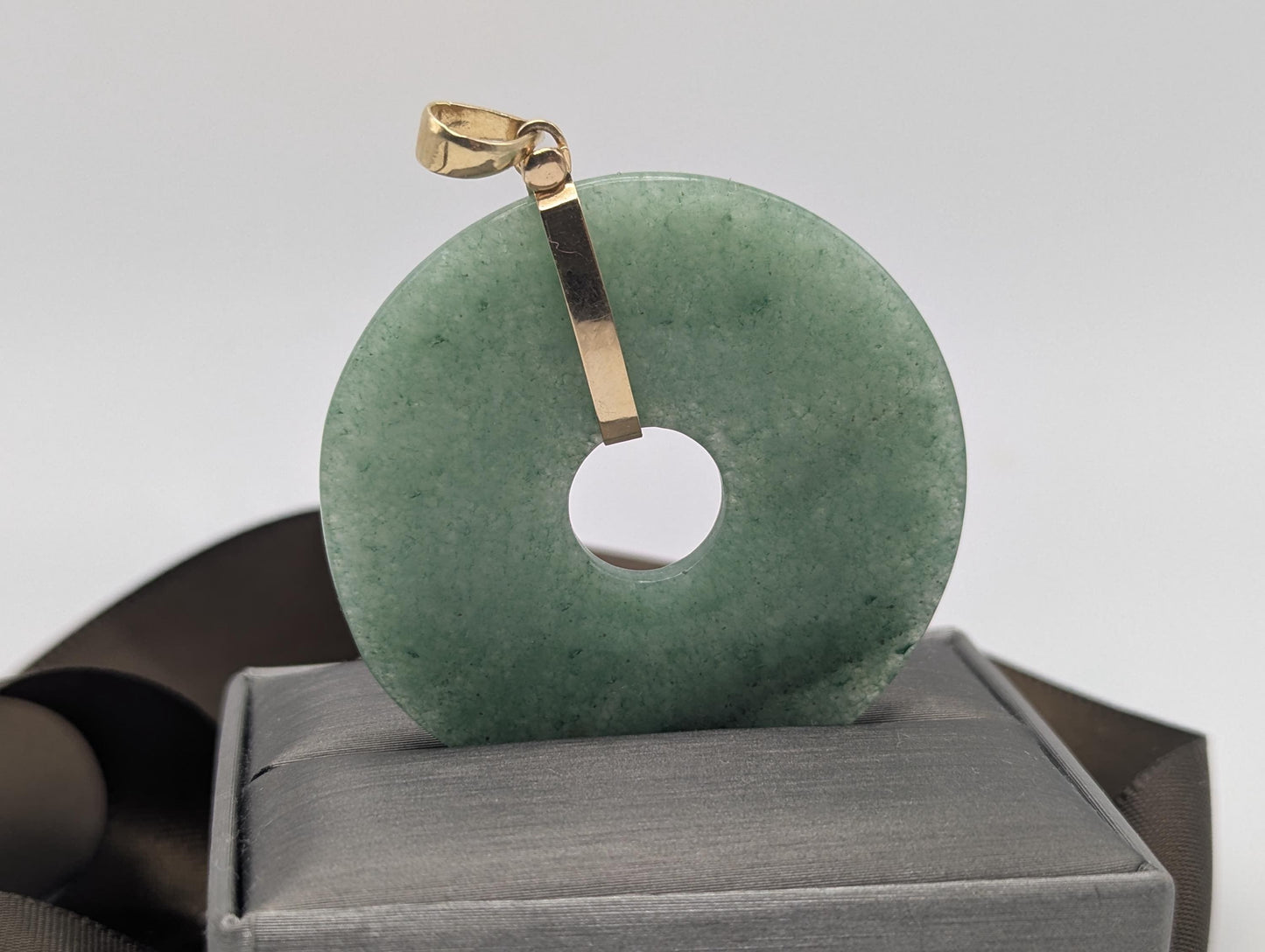 14k Large Jade Pendant Gold Trim Jade Asian Circle Necklace + GF 18k Chain 18"