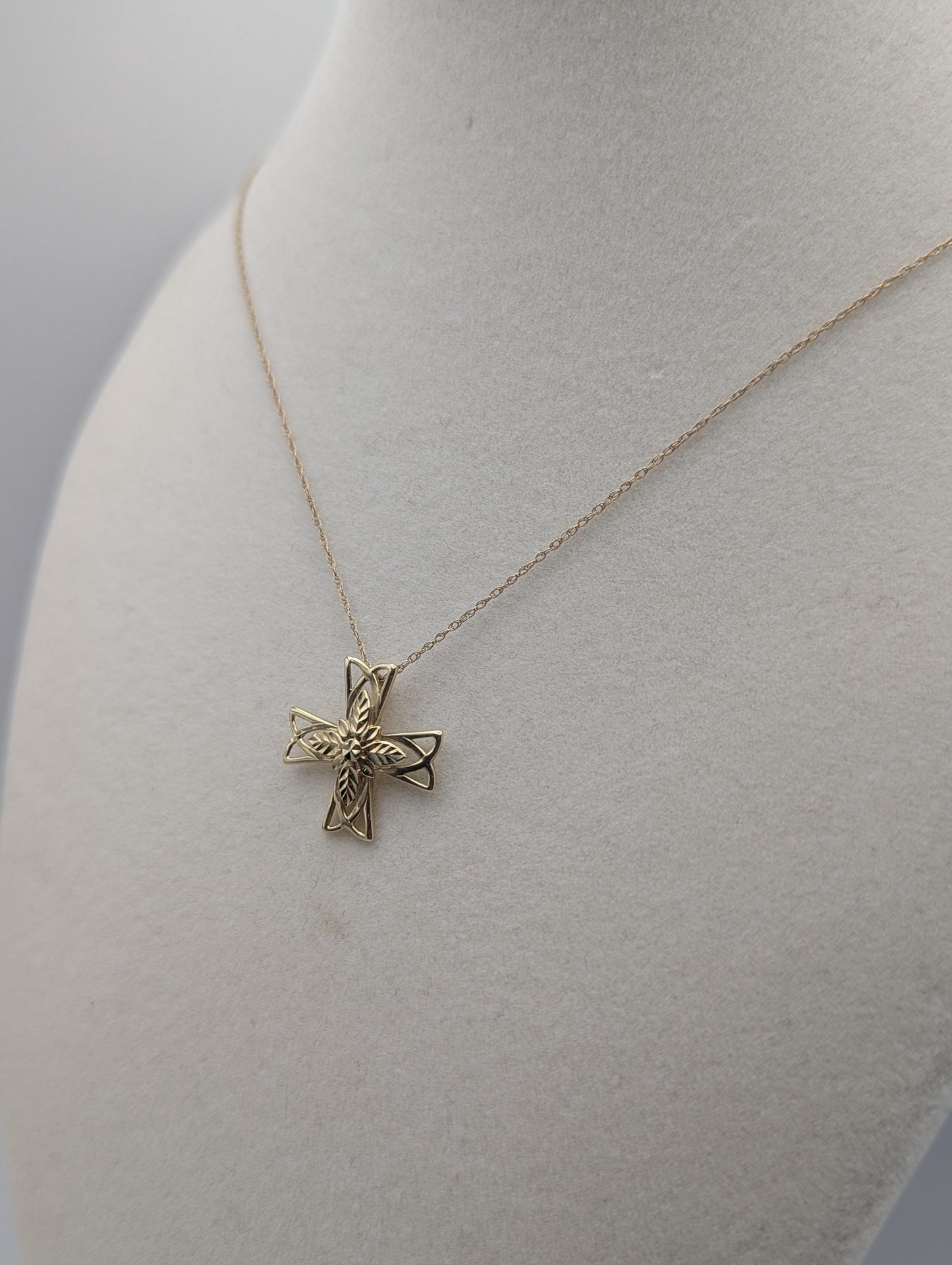 14k Yellow Gold Filigree Cross Necklace 18" Crucifix Gold Chain