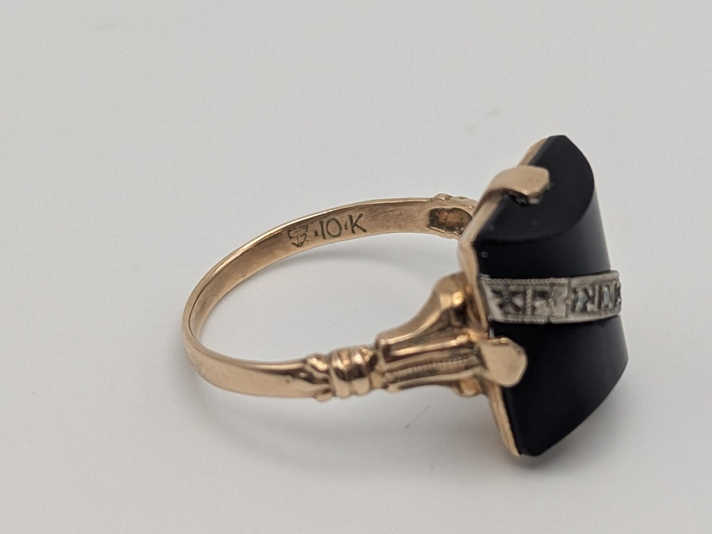 Vintage 10k Yellow Gold Black Onyx Diamond Ring Statement Ring. Signet Ring.