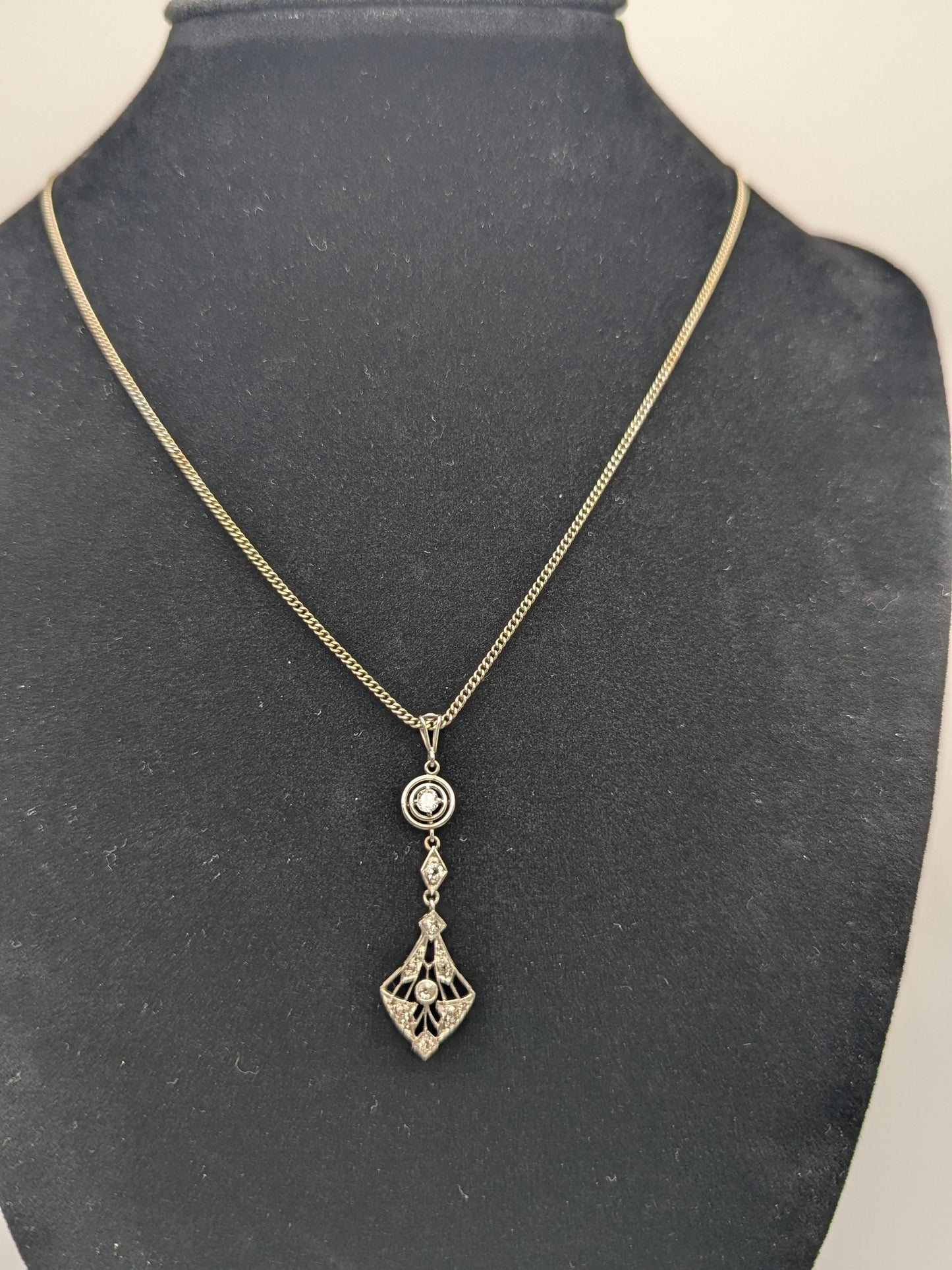 Platinum Pendant Lavaliere Diamond 14k Gold Necklace Chain Vintage Victorian Necklace. 15"