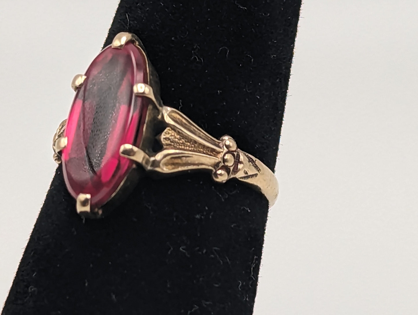 1030s Antique 10k Large Ruby Ring. 10k Victorian Marquise Ruby Ring. 10k Ruby Pinky ring. Marquise Navette Ruby Ring