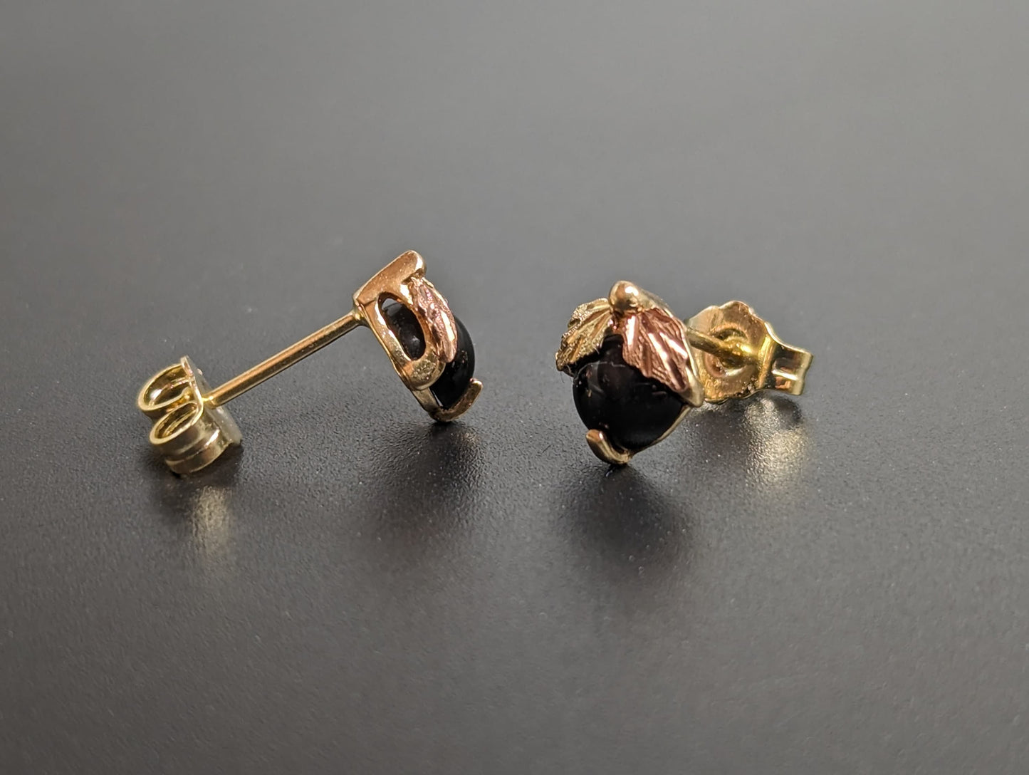 10k 12k Black Hills Gold Black Onyx Traditional Gold Vine Studs Earrings Post Design Earrings BHG