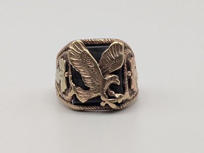 10k 12k Black Hills Gold Heavy 6.7 gr Agate Stone And  Gold Flying Eagle Ring