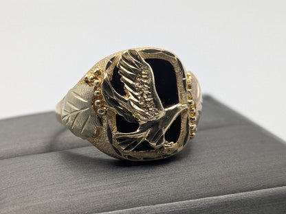 10k 12k Black Hills Gold Heavy 9 gr Onyx Gold Flying Eagle Statement Ring Mens