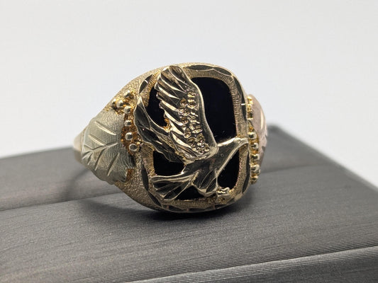 10k 12k Black Hills Gold Heavy 9 gr Onyx Gold Flying Eagle Statement Ring Mens
