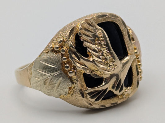 10k 12k Black Hills Gold Heavy 9gr Onyx Gold Flying Eagle Statement Ring Mens