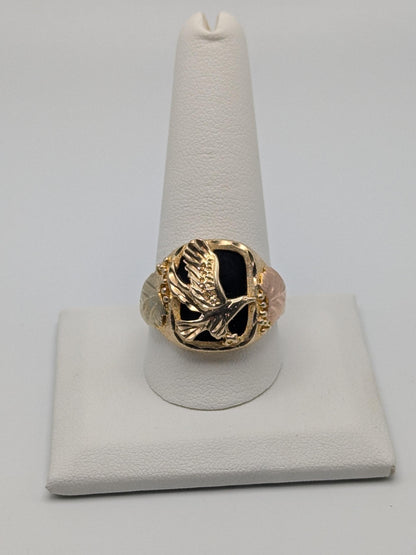 10k 12k Black Hills Gold Heavy 9 gr Onyx Gold Flying Eagle Statement Ring Mens