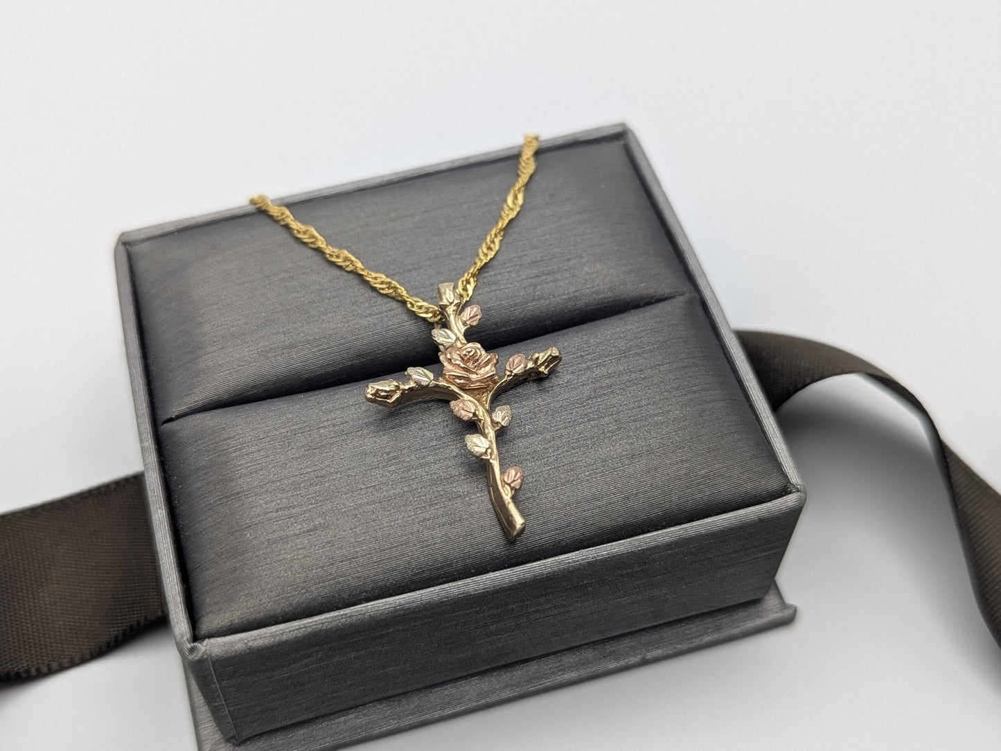10k Black Hills Gold Rose Cross Silver 925 Christian Pendant w 18k GF Chain