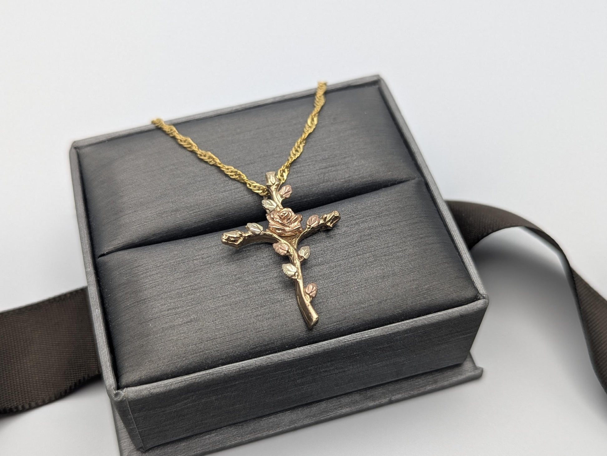 10k Black Hills Gold Rose Cross Silver 925 Christian Pendant w 18k GF Chain