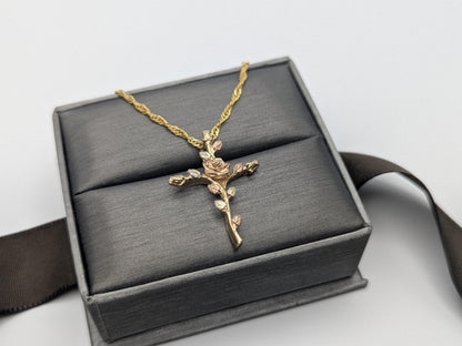 10k Black Hills Gold Rose Cross Silver 925 Christian Pendant w 18k GF Chain