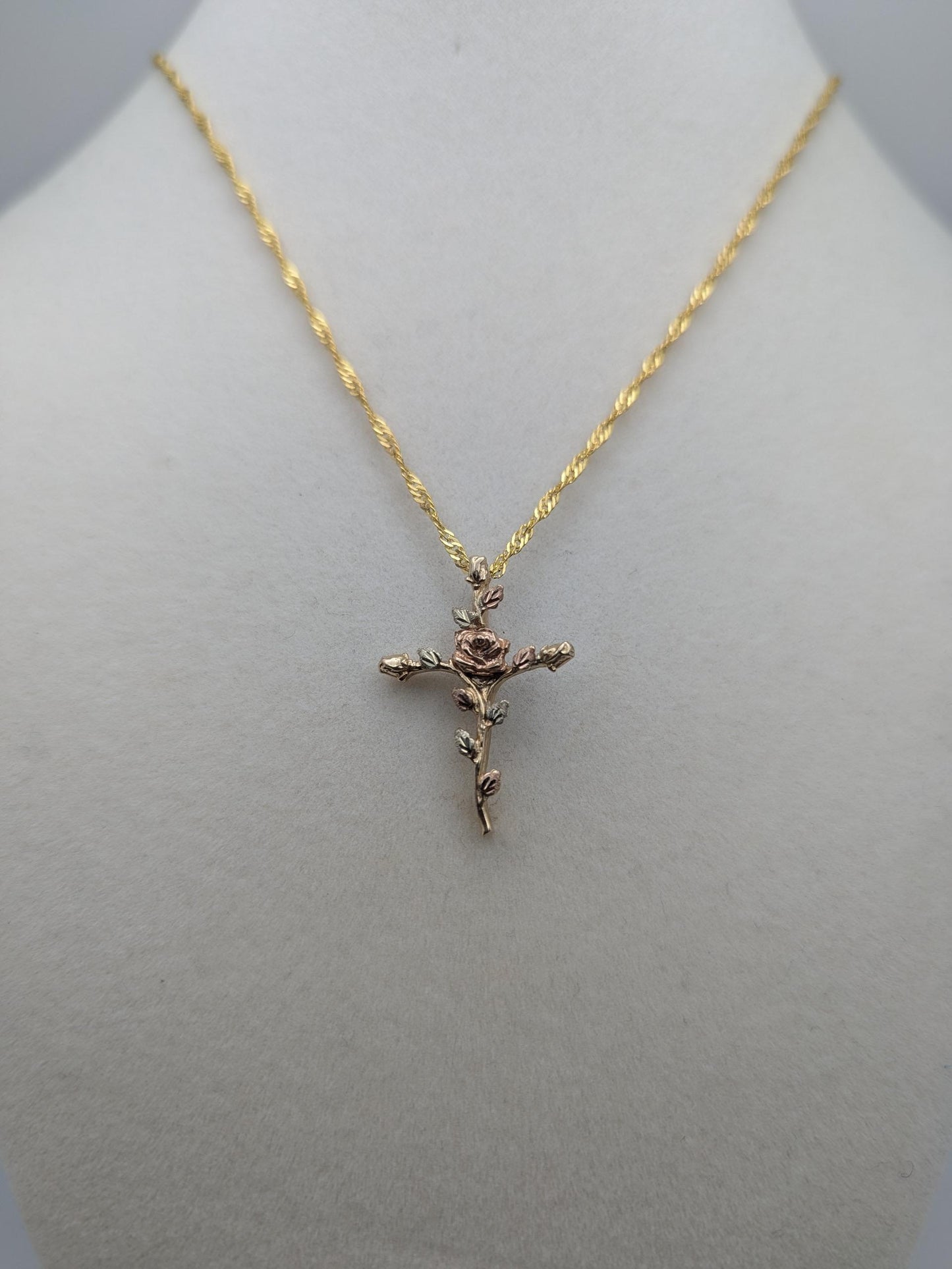 10k Black Hills Gold Rose Cross Silver 925 Christian Pendant w 18k GF Chain