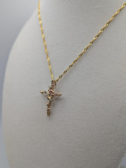 10k Black Hills Gold Rose Cross Silver 925 Christian Pendant w 18k GF Chain