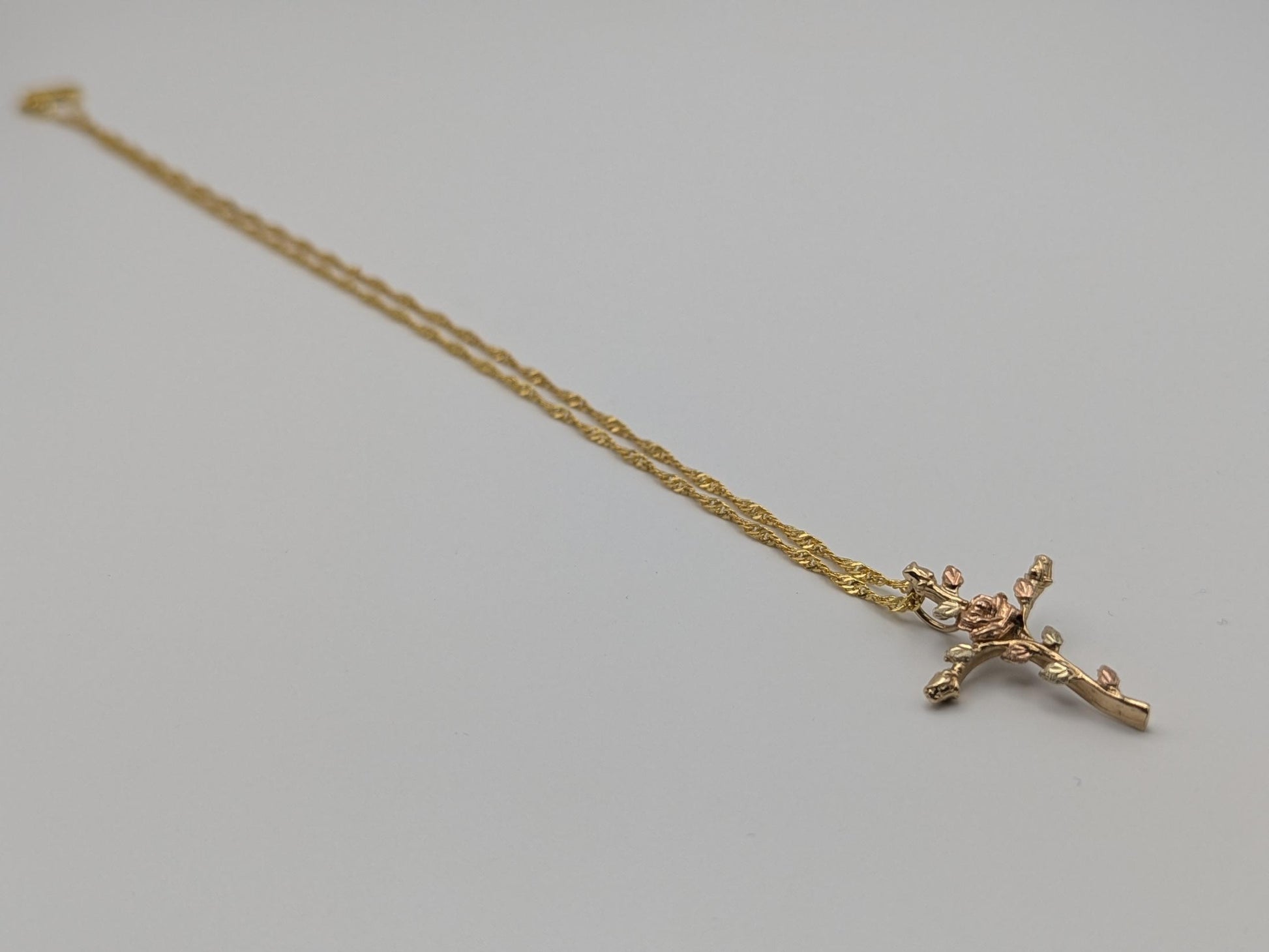 10k Black Hills Gold Rose Cross Silver 925 Christian Pendant w 18k GF Chain