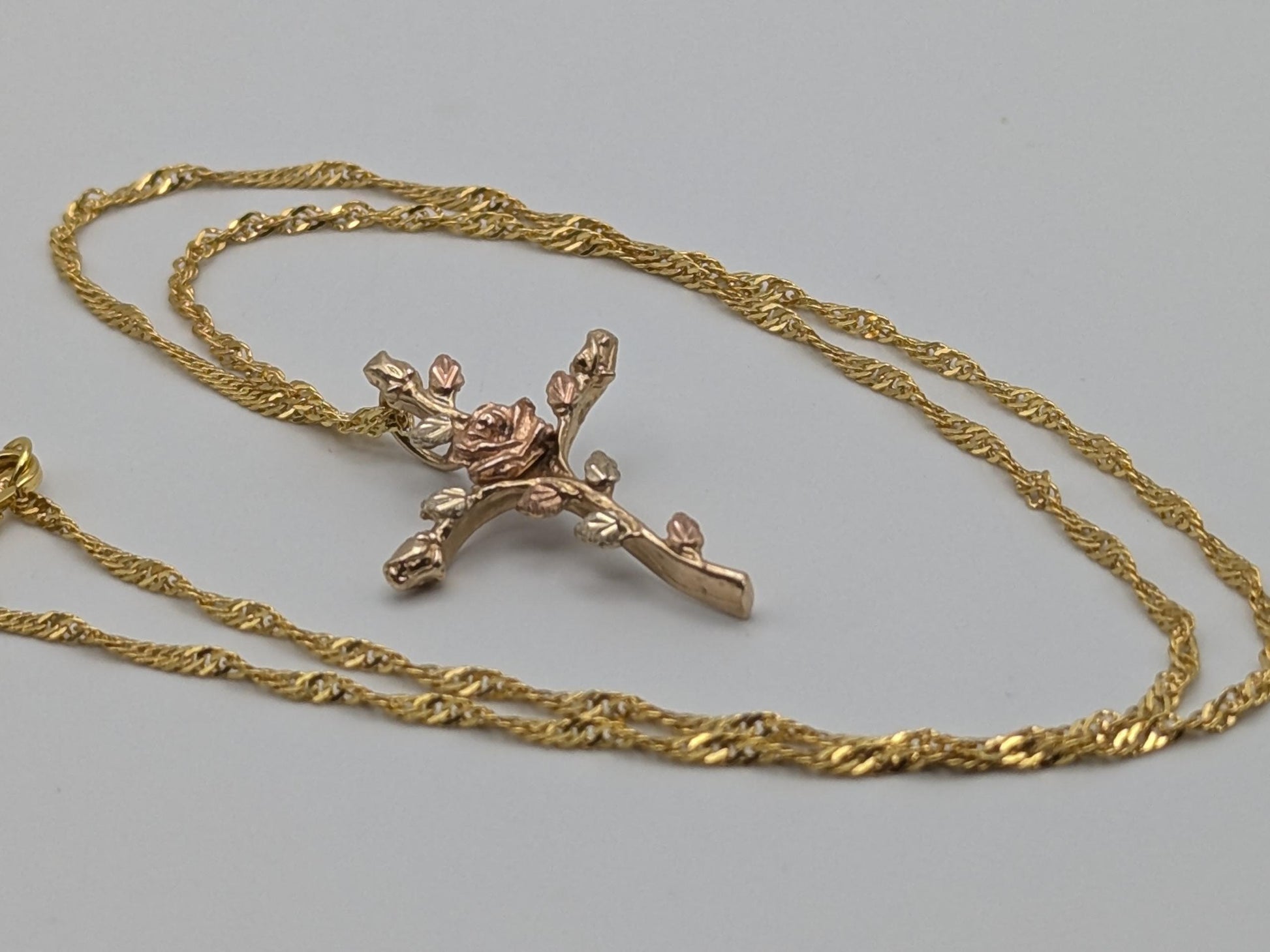 10k Black Hills Gold Rose Cross Silver 925 Christian Pendant w 18k GF Chain