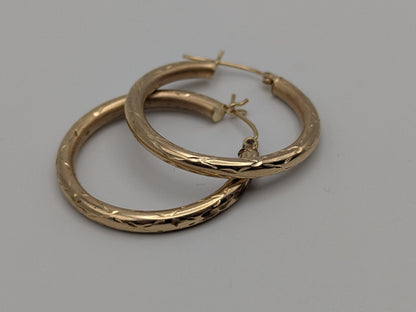 10k Large Vintage Gold Classic Etched Textured Hoop Earrings Gold Hoops Hinged