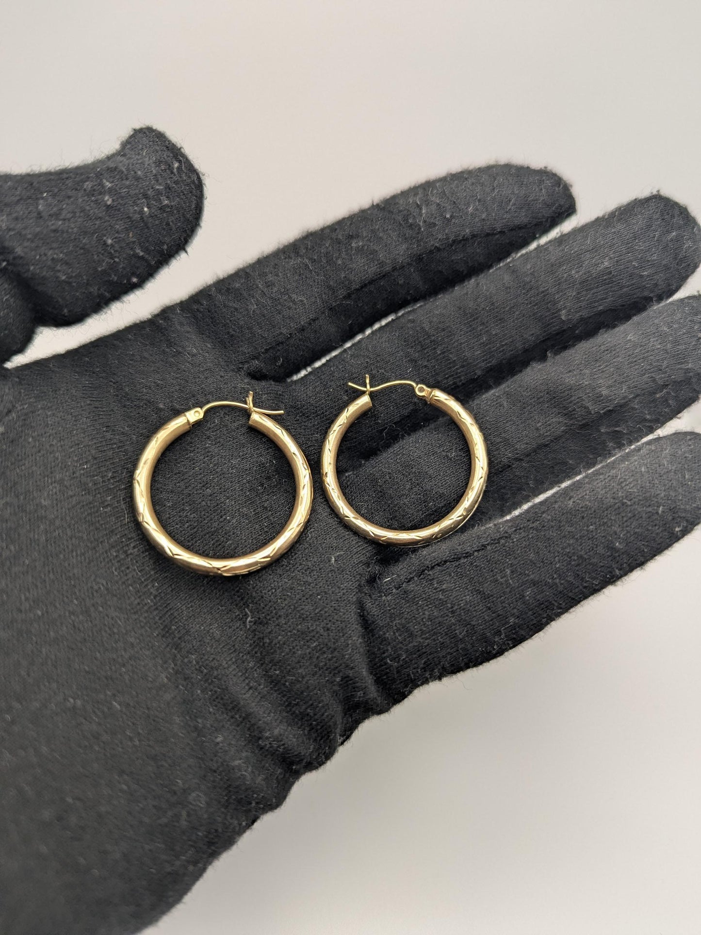 10k Large Vintage Gold Classic Etched Textured Hoop Earrings Gold Hoops Hinged