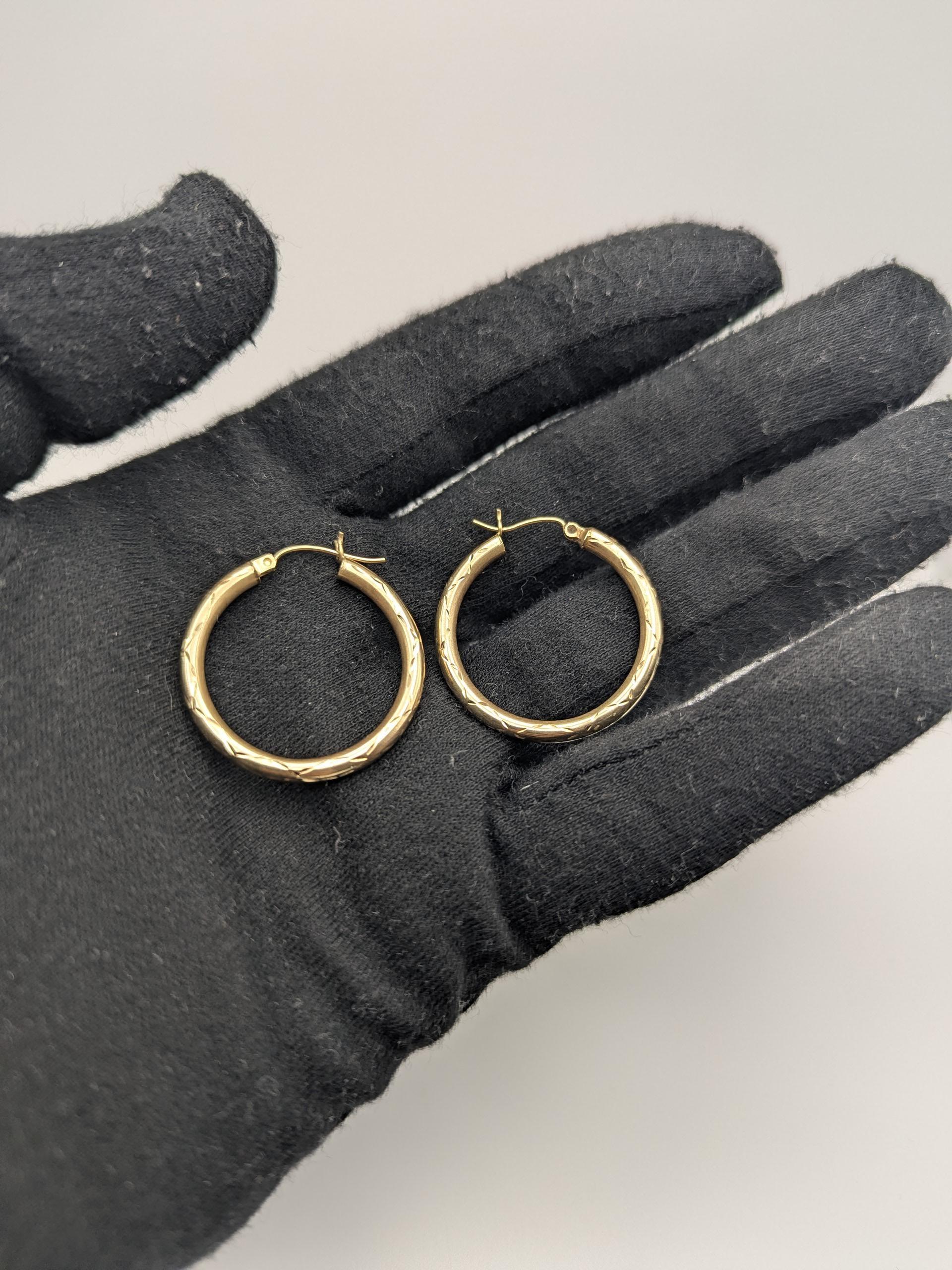 10k Large Vintage Gold Classic Etched Textured Hoop Earrings Gold Hoops Hinged