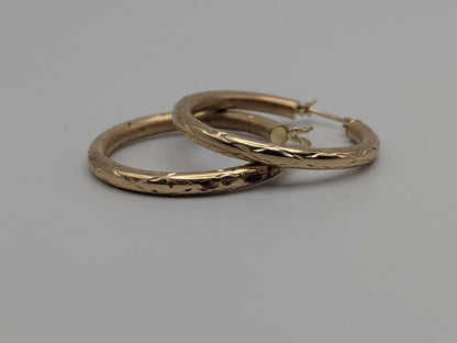 10k Large Vintage Gold Classic Etched Textured Hoop Earrings Gold Hoops Hinged