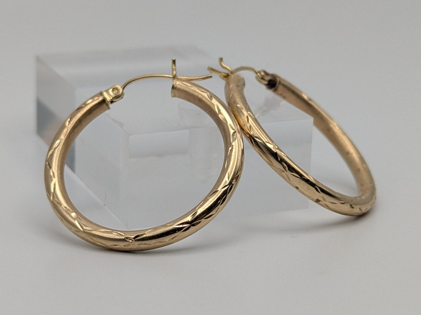 10k Large Vintage Gold Classic Etched Textured Hoop Earrings Gold Hoops Hinged