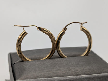 10k Large Vintage Gold Classic Etched Textured Hoop Earrings Gold Hoops Wheat